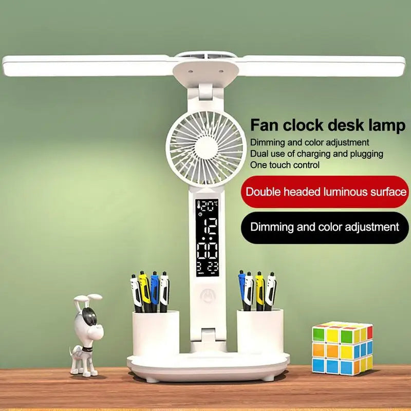 Ultra-Versatile Foldable LED Table Lamp with Fan, Time/Temp Display & Pen Organizer