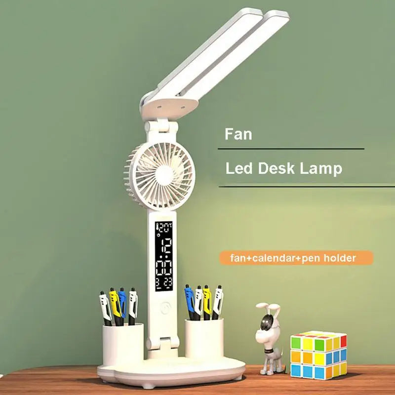 Ultra-Versatile Foldable LED Table Lamp with Fan, Time/Temp Display & Pen Organizer