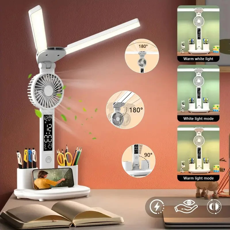 Ultra-Versatile Foldable LED Table Lamp with Fan, Time/Temp Display & Pen Organizer