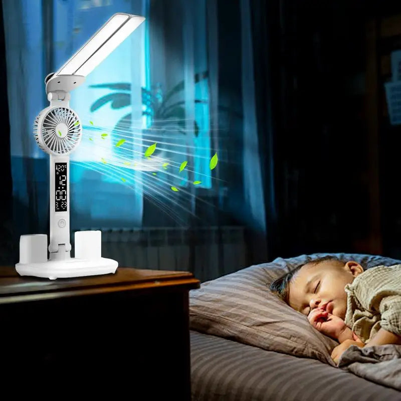 Ultra-Versatile Foldable LED Table Lamp with Fan, Time/Temp Display & Pen Organizer