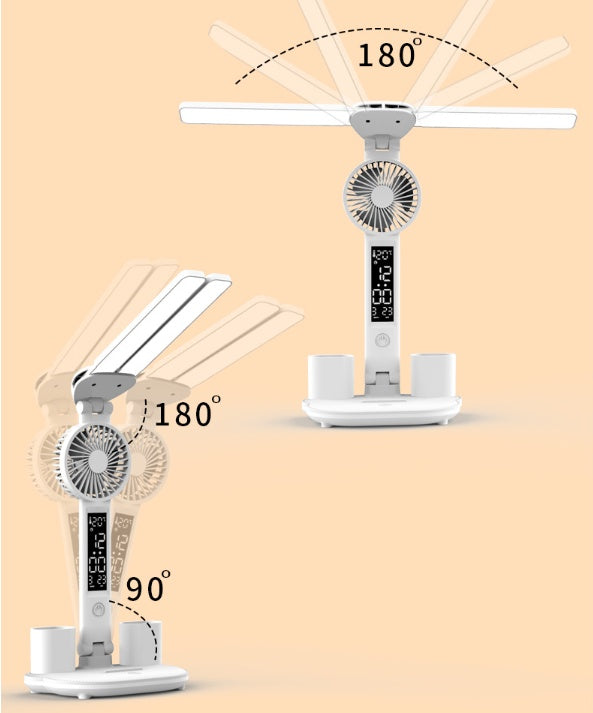 Ultra-Versatile Foldable LED Table Lamp with Fan, Time/Temp Display & Pen Organizer