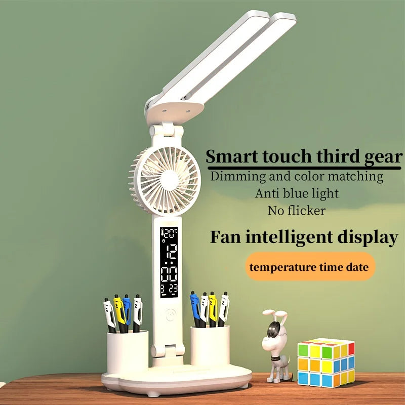 Ultra-Versatile Foldable LED Table Lamp with Fan, Time/Temp Display & Pen Organizer